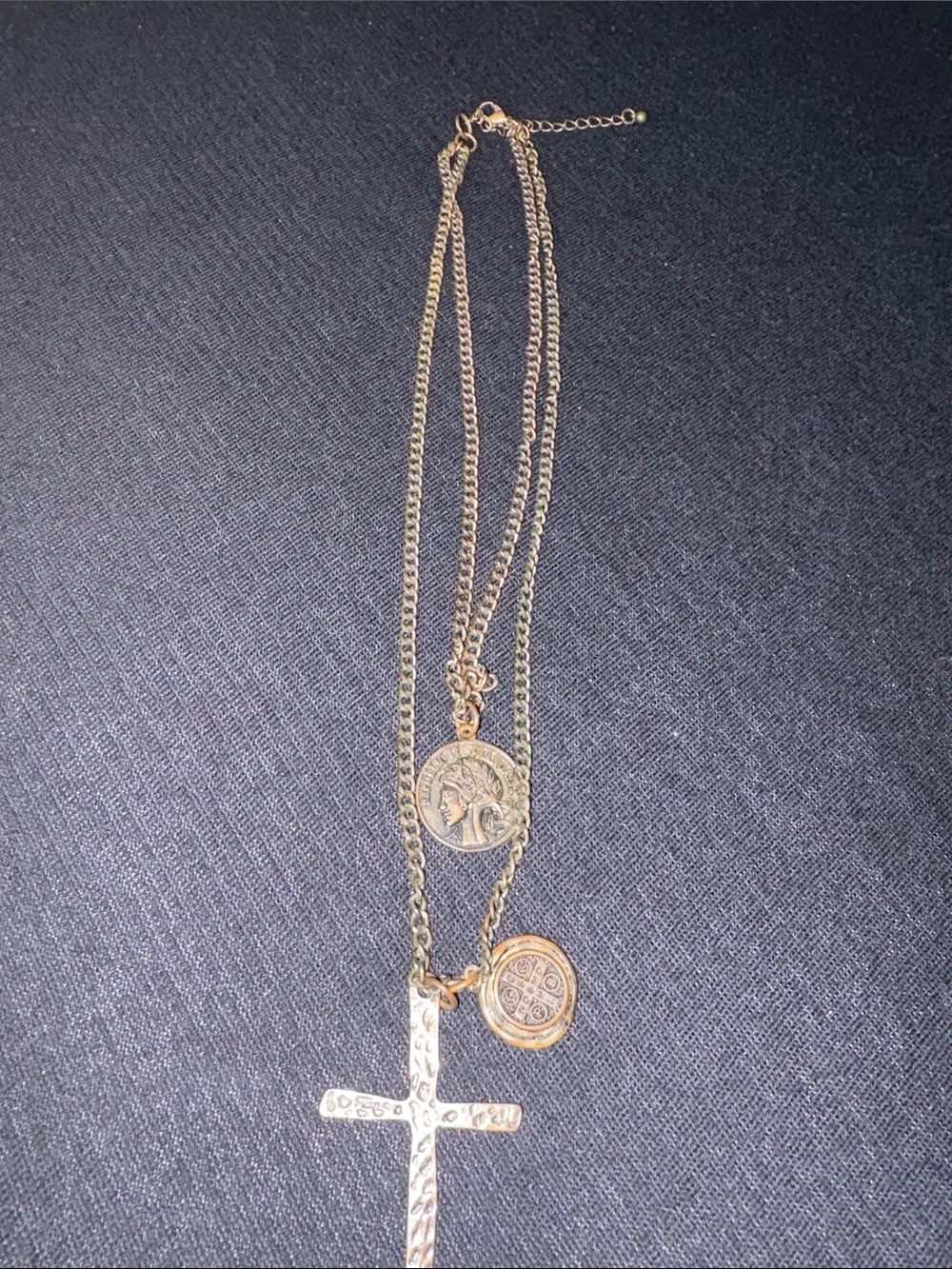Layered Cross and Coin Pendant Necklace